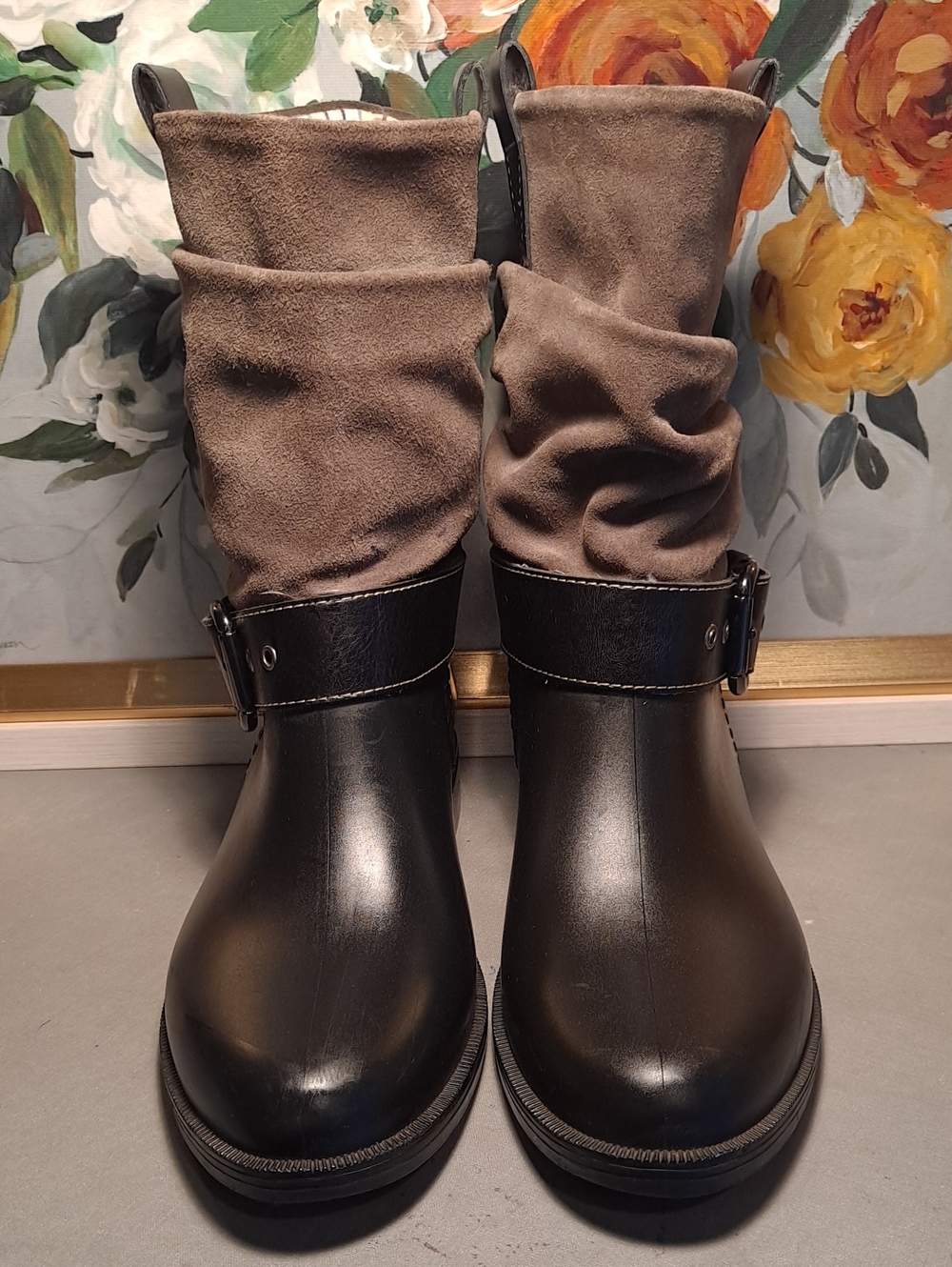 Anna Capri Hybrid Two-Tone Slouch Mid-calf Buckle Detail - Taupe/Black Rainboot